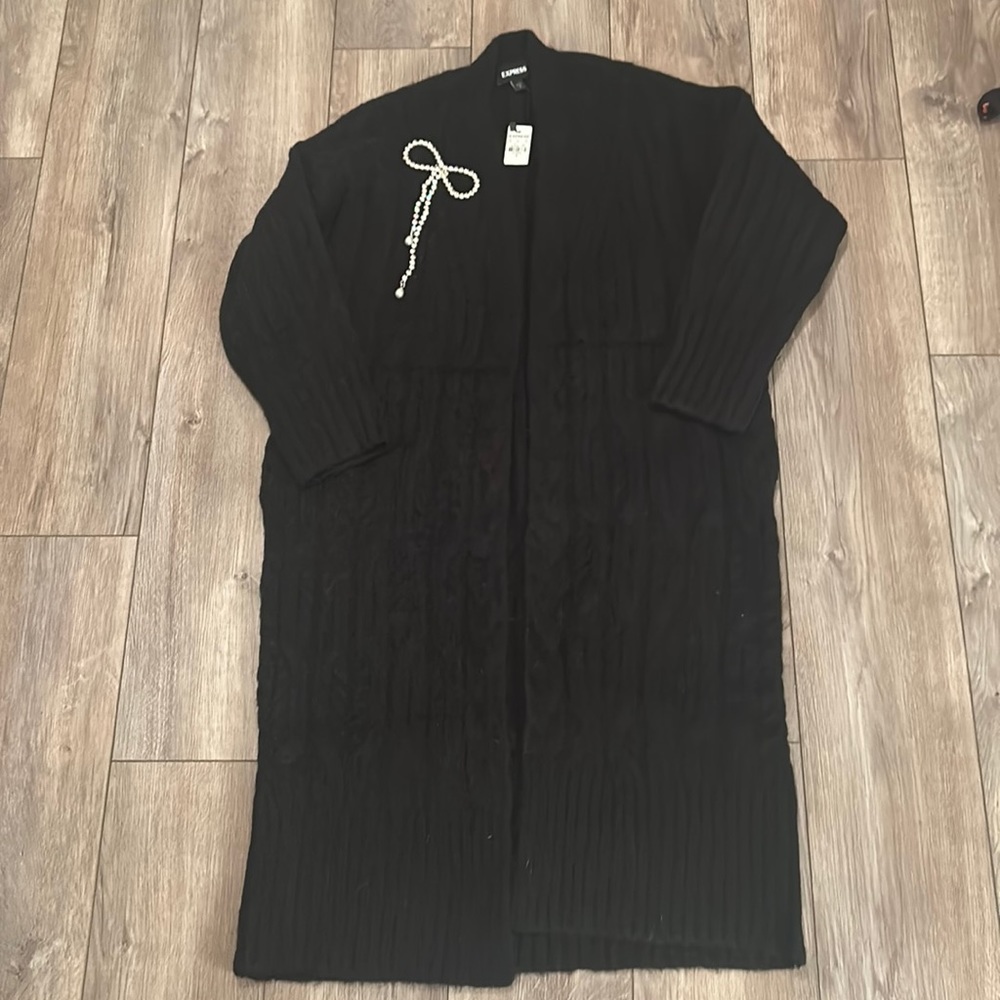 Express Super soft and Warm Black Cable Cardigan with Bow Embellishment